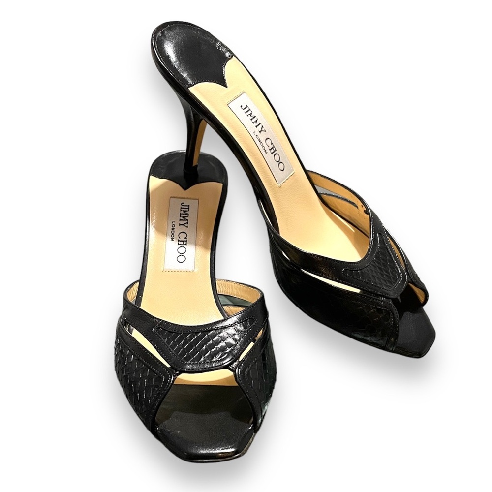 Jimmy Choo Black Leather Slip On Mules Sandals Heels, Women’s Size 37.5 (7.5)